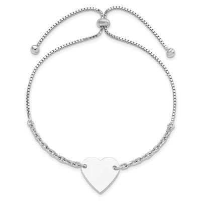 Sterling Silver Rhodium-plated Polished Heart Disc Adjustable Bracelet