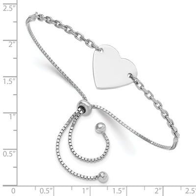 Sterling Silver Rhodium-plated Polished Heart Disc Adjustable Bracelet