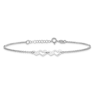 Sterling Silver Rhodium-plated Hearts 9in Plus 1in ext Anklet, 10 x 5.75mm