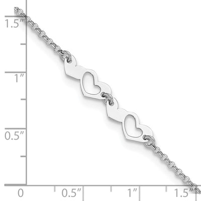 Sterling Silver Rhodium-plated Hearts 9in Plus 1in ext Anklet, 10 x 5.75mm