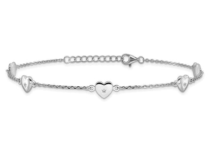 Sterling Silver Rhodium-plated Hearts 9in Plus 1in ext Anklet (Style QG6290-9)
