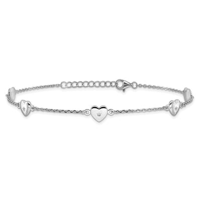 Sterling Silver Rhodium-plated Hearts 9in Plus 1in ext Anklet, 10 x 7mm