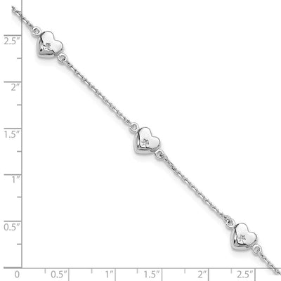 Sterling Silver Rhodium-plated Hearts 9in Plus 1in ext Anklet, 10 x 7mm