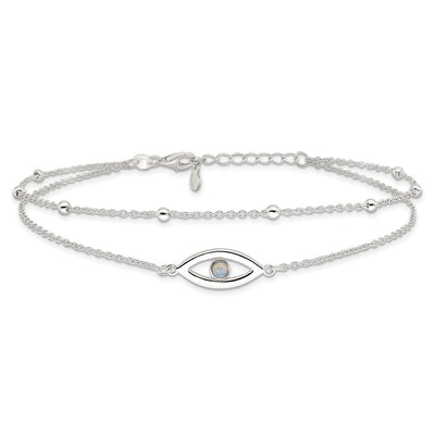 Sterling Silver Polished Created Opal Eye and Bead 9in Plus 1in ext Anklet