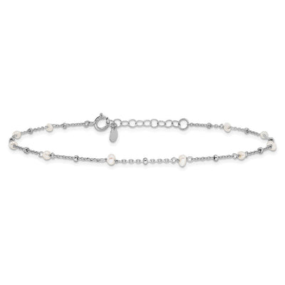 Sterling Silver Rhodium-plated Fwc Pearl 9in Plus 1in ext Anklet, 10 x 3mm