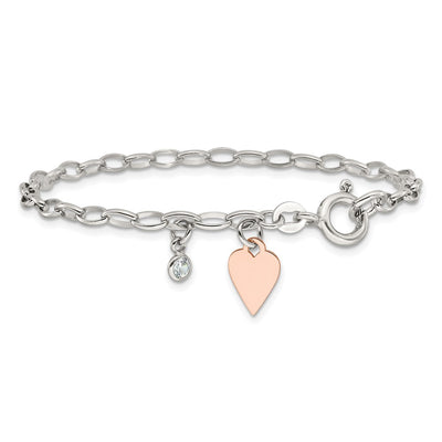 Sterling Silver Rose Gold-plated Polished w/Heart and CZ Link Bracelet