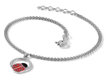 Sterling Silver Rhod-pltd Enamel Ladybug on Ring 7.25in w/1in ext Bracelet