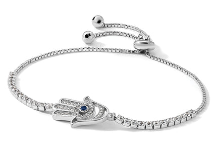 Sterling Silver Rh-plated Clear and Blue CZ Evil Eye Hamsa Adj Bracelet