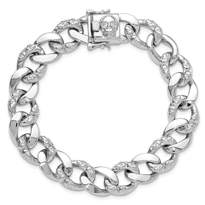 Sterling Silver Rhodium-plated Skull Curb Link 8.25in Bracelet