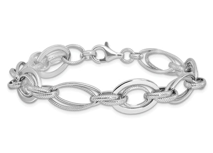 Sterling Silver Rhodium-plated Polished/Textured Link 7.5in Bracelet
