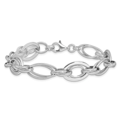 Sterling Silver Rhodium-plated Polished/Textured Link 7.5in Bracelet