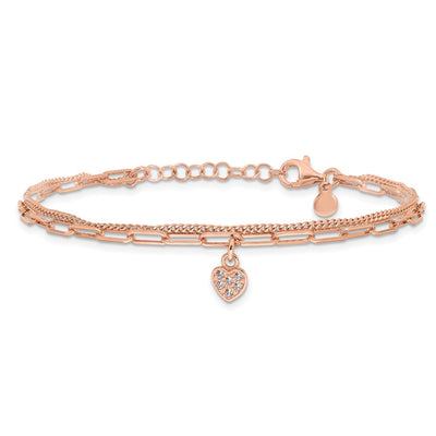 Sterling Silver Rose Gold-plated CZ Heart 6.75in w/1in ext. Bracelet