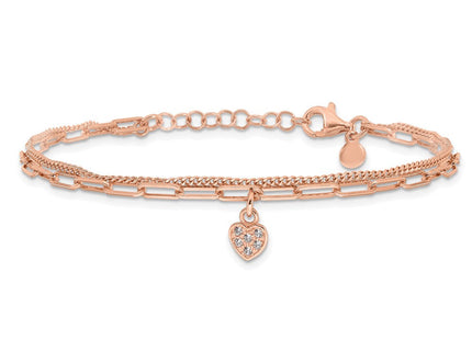 Sterling Silver Rose Gold-plated CZ Heart 6.75in w/1in ext. Necklace