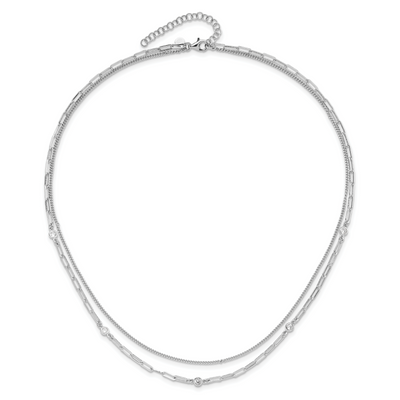 Sterling Silver Rhodium-plated CZ 2 Strand 6.75in w/1in ext. Necklace