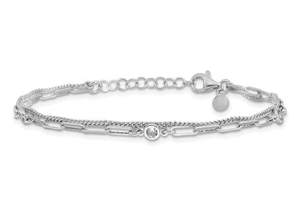 Sterling Silver Rhodium-plated CZ 2 Strand 6.75in w/1in ext. Necklace