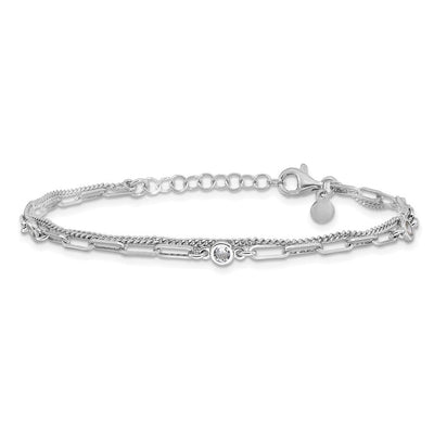 Sterling Silver Rhodium-plated CZ 2 Strand 6.75in w/1in ext. Necklace