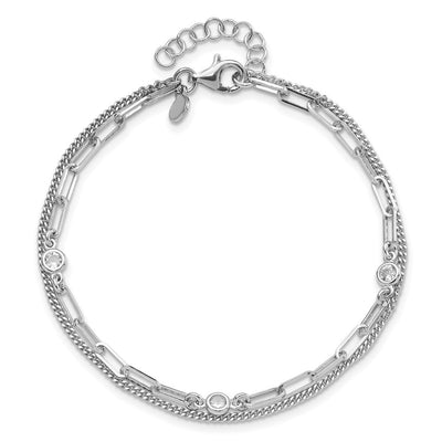 Sterling Silver Rhodium-plated CZ 2 Strand 6.75in w/1in ext. Necklace