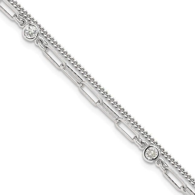 Sterling Silver Rhodium-plated CZ 2 Strand 6.75in w/1in ext. Necklace