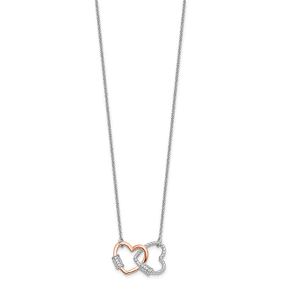 Sterling Silver Rh-plated Rose-tone Double Heart CZ w/2in ext Bracelet