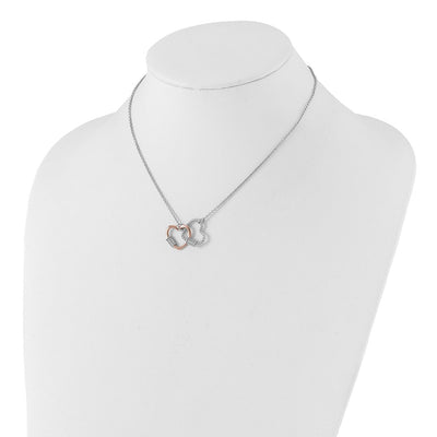 Sterling Silver Rh-plated Rose-tone Double Heart CZ w/2in ext Bracelet