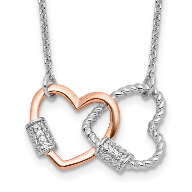 Sterling Silver Rh-plated Rose-tone Double Heart CZ w/2in ext Bracelet