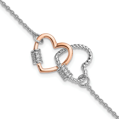 Sterling Silver Rh-plated Rose-tone Double Heart CZ w/2in ext Bracelet
