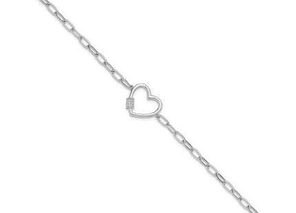 Sterling Silver Rhodium-plated with CZ Heart Paperclip Link 7.5in Necklace