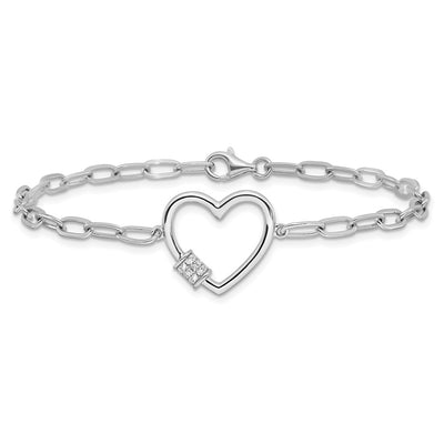 Sterling Silver Rhodium-plated with CZ Heart Paperclip Link 7.5in Bracelet