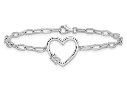 Sterling Silver Rhodium-plated with CZ Heart Paperclip Link 7.5in Necklace