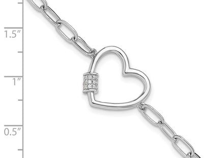 Sterling Silver Rhodium-plated with CZ Heart Paperclip Link 7.5in Necklace