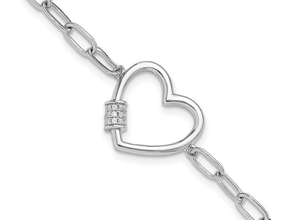 Sterling Silver Rhodium-plated with CZ Heart Paperclip Link 7.5in Necklace