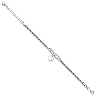Sterling Silver Rhod-plated Polished Heart Dangle 6.5in 1.5in ext Necklace