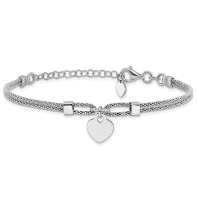 Sterling Silver Rhod-plated Polished Heart Dangle 6.5in 1.5in ext Necklace