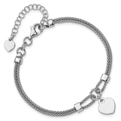 Sterling Silver Rhod-plated Polished Heart Dangle 6.5in 1.5in ext Necklace