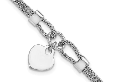Sterling Silver Rhod-plated Polished Heart Dangle 6.5in 1.5in ext Necklace