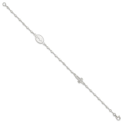 Sterling Silver Polished with CZ Cross and Miraculous Medal 7.5in Bracelet