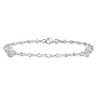 Sterling Silver Polished with CZ Cross and Miraculous Medal 7.5in Bracelet
