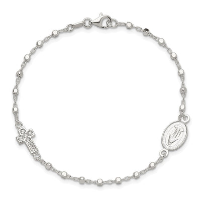 Sterling Silver Polished with CZ Cross and Miraculous Medal 7.5in Bracelet
