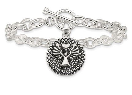 Sterling Silver Oxidized Dangle GUARDIAN ANGEL Toggle Clasp Necklace