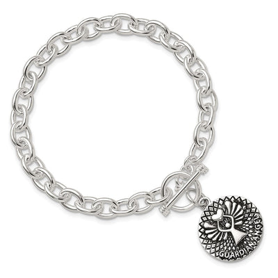Sterling Silver Oxidized Dangle GUARDIAN ANGEL Toggle Clasp Necklace