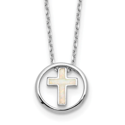 Sterling Silver RH-plated Created Opal Inlay Cross 16in w/2in ext Necklace