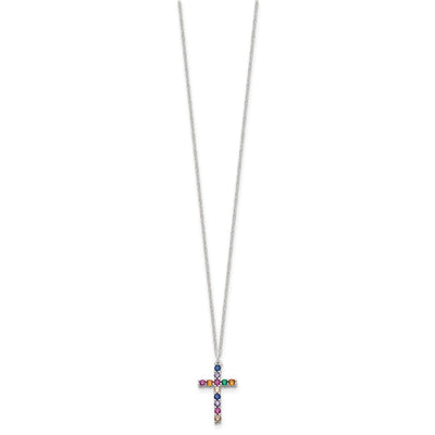 SS Multi Color E-Coating CZ Cross 16in w/2in ext Necklace