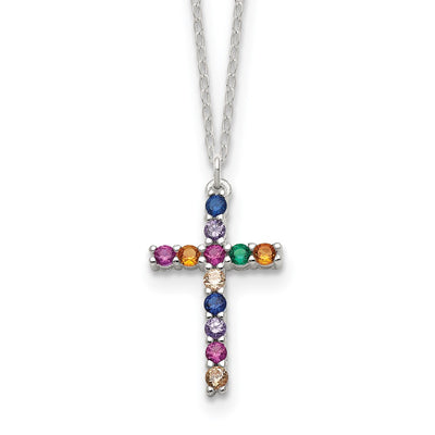 SS Multi Color E-Coating CZ Cross 16in w/2in ext Necklace