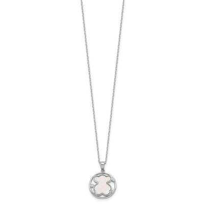 Sterling Silver RH-plated CZ Cr Opal Inlay Bear 16in w/2in ext Necklace