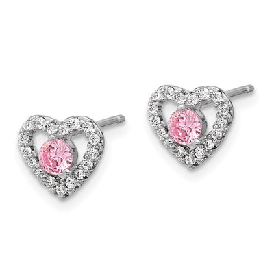 Sterling Silver Rhodium-plated Polished Pink & White CZ Heart Children's 10in w/2in Ext. Necklace & Post Earring Set