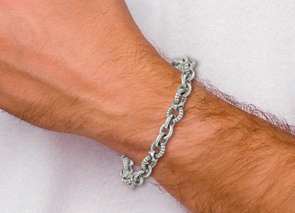 Sterling Silver Oxidized Polished and Textured Round Fancy Cable Link Mens 8. Bracelet