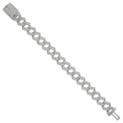 Sterling Silver Polished Fancy CZ Curb Link Mens Bracelet