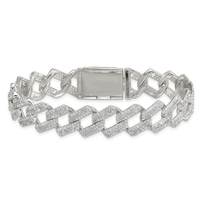 Sterling Silver Polished Fancy CZ Curb Link Mens Bracelet