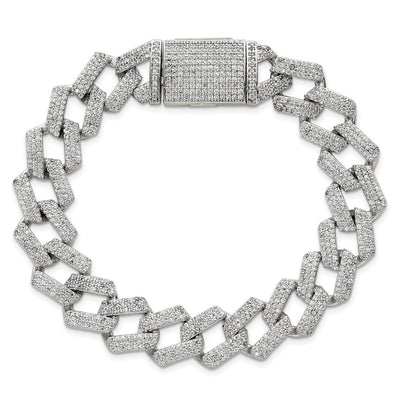Sterling Silver Polished Fancy CZ Curb Link Mens Bracelet