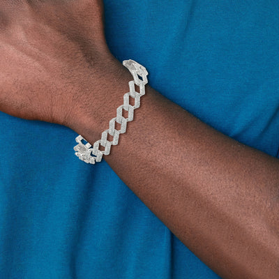 Sterling Silver Polished Fancy CZ Curb Link Mens Bracelet